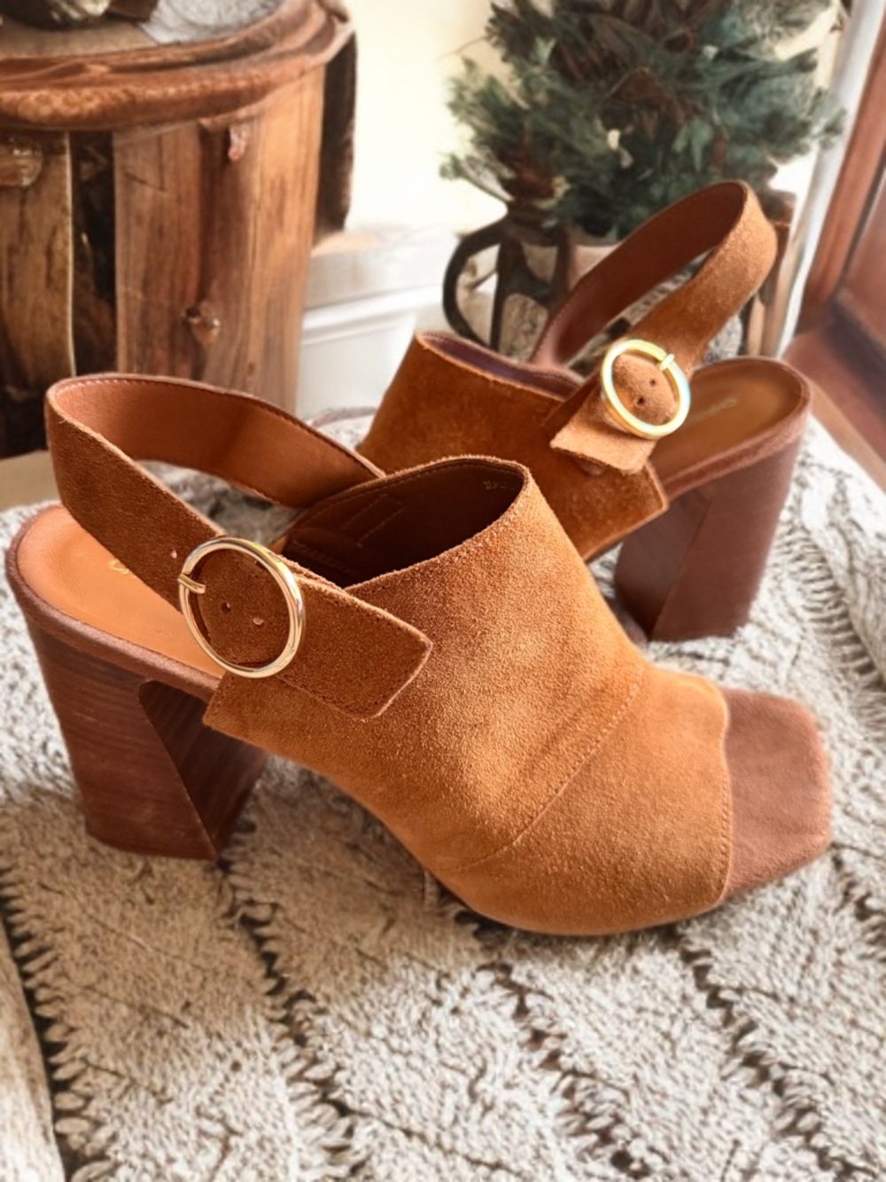 Suede Open-Toe Slingback Block Heels in Cognac Tan